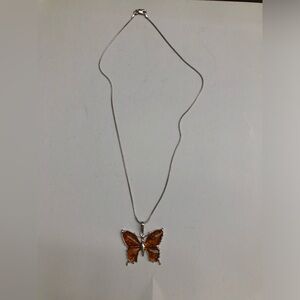 Silver Amber Butterfly Pendant Necklace